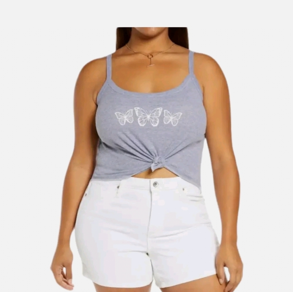 New BP. Women's Rib Butterfly Trio Graphic Tank Sleeveless Gray Plus Size